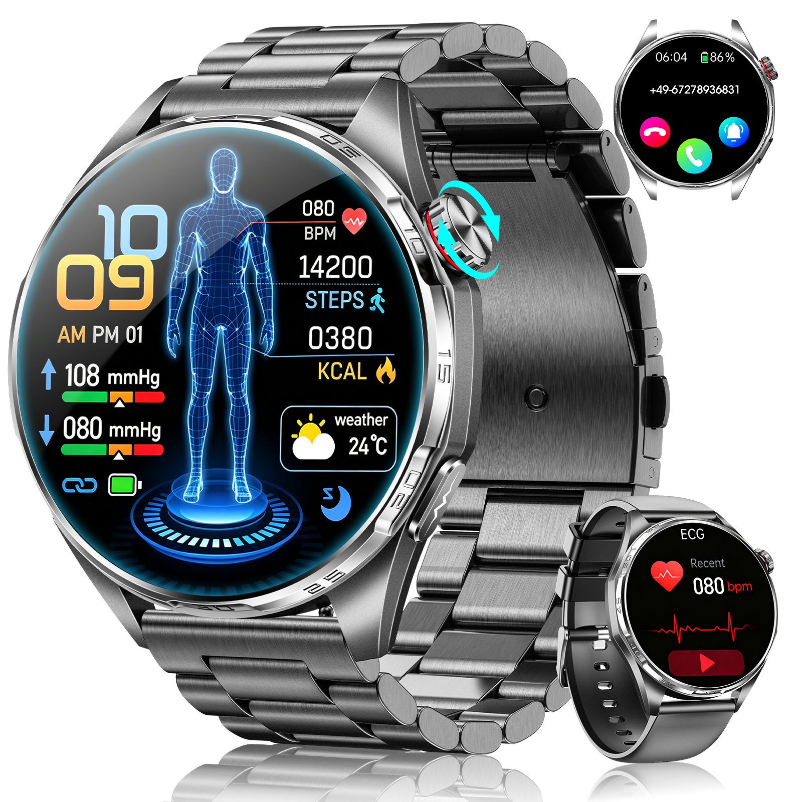 ET461 Men’s AI Smartwatch with Blood Pressure, ECG/HRV/BMI, Bluetooth Calls, Black